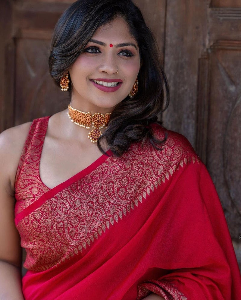 C J Enterprise Women's Pure Soft Kanjivaram Silk Saree for Wedding Kanchipuram Pattu Sarees Banarasi Cotton Latest Sari With Blouse Piece Design Wear ladies new sadi Party 2024 (Yatri-51) (Red) - Image 5