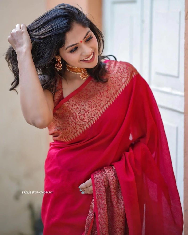 C J Enterprise Women's Pure Soft Kanjivaram Silk Saree for Wedding Kanchipuram Pattu Sarees Banarasi Cotton Latest Sari With Blouse Piece Design Wear ladies new sadi Party 2024 (Yatri-51) (Red) - Image 3