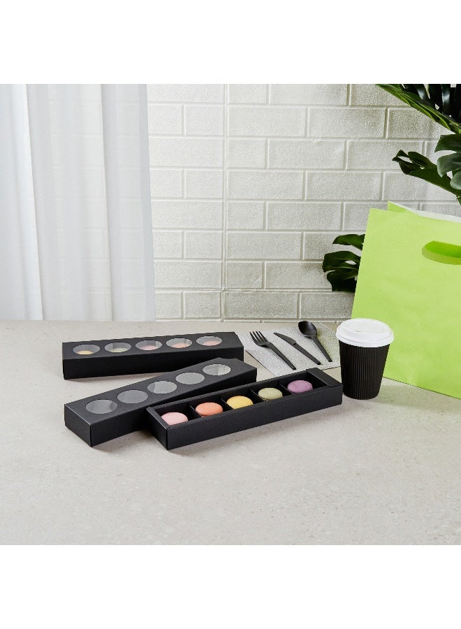 Restaurantware صناديق ماكرون فالنتينو 12 بوصة، 100 عبوة ماكرون - تحمل 5 ماكرونات، مع أغطية، صناديق هدايا ماكرون من الورق الأسود، أقسام منفصلة، للهدايا والحفلات - Image 4