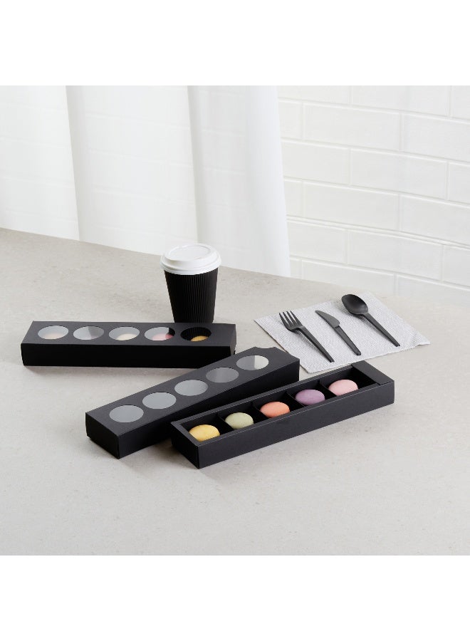 Restaurantware صناديق ماكرون فالنتينو 12 بوصة، 100 عبوة ماكرون - تحمل 5 ماكرونات، مع أغطية، صناديق هدايا ماكرون من الورق الأسود، أقسام منفصلة، للهدايا والحفلات - Image 3