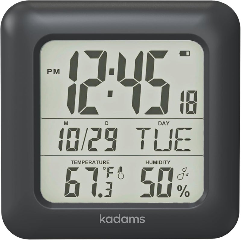 KADAMS Bathroom Clock 9.5" Kitchen Wall Clock with Large LCD Screen â€“ Shower Clock with Suction Cup,Temperature, Humidity, Calendar â€“ Water-Resistant, 4 Mounting Options, Black - Image 1