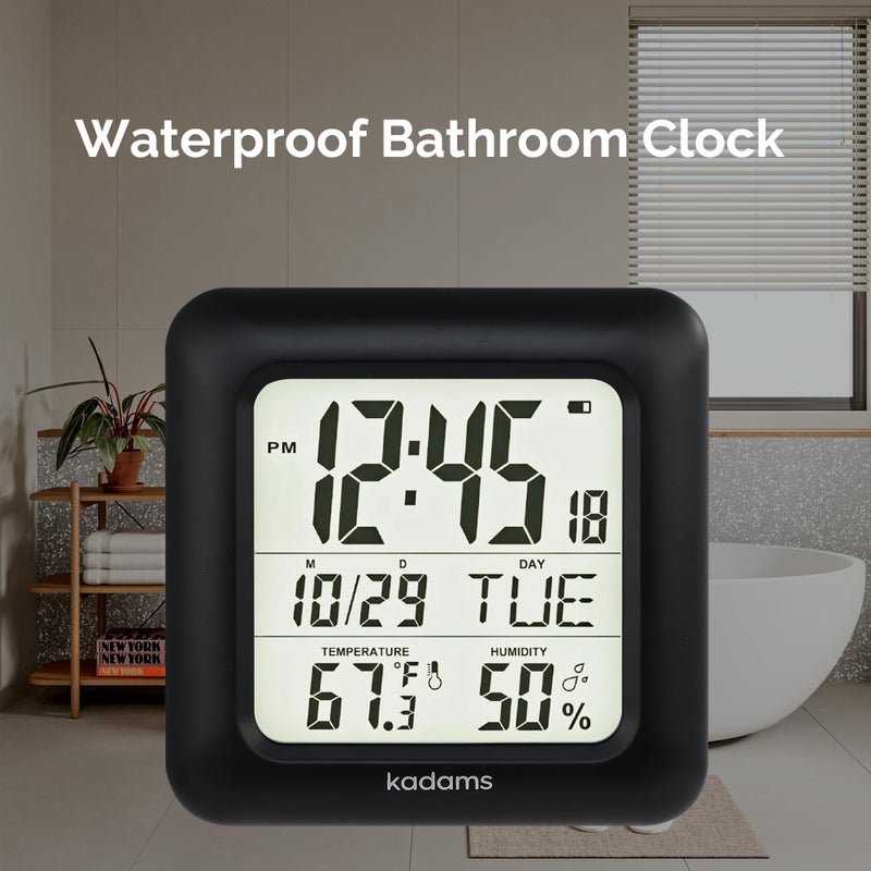 KADAMS Bathroom Clock 9.5" Kitchen Wall Clock with Large LCD Screen â€“ Shower Clock with Suction Cup,Temperature, Humidity, Calendar â€“ Water-Resistant, 4 Mounting Options, Black - Image 2