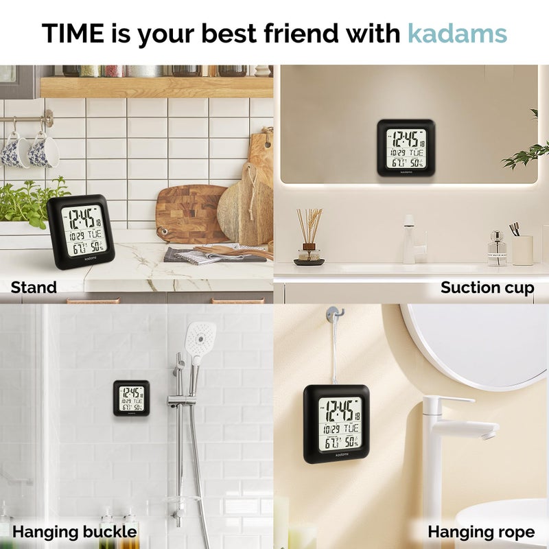 KADAMS Bathroom Clock 9.5" Kitchen Wall Clock with Large LCD Screen â€“ Shower Clock with Suction Cup,Temperature, Humidity, Calendar â€“ Water-Resistant, 4 Mounting Options, Black - Image 5