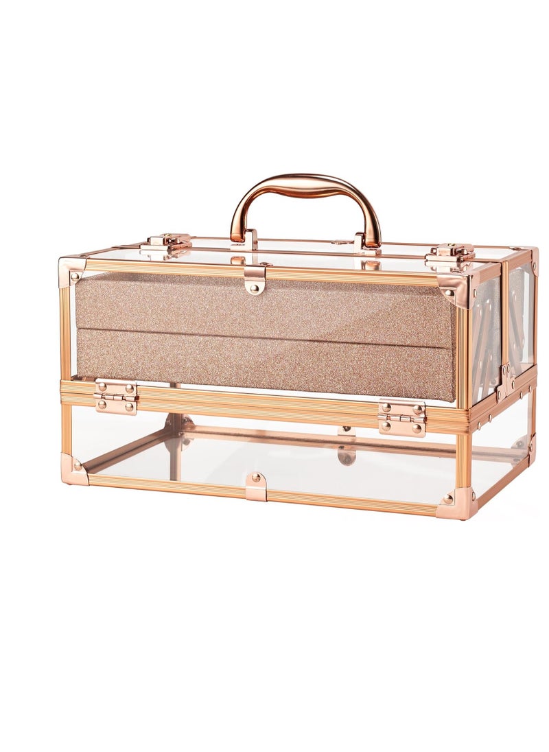 FRENESSA - FRENESSA Makeup Train Case 11.8 INCH Cosmetic Storage Box Acrylic Makeup Organizer Portable 4 Trays Makeup Display Case for Stylist Makeup Artist Craft Traveling Case Organizer Rose Gold - Image 1