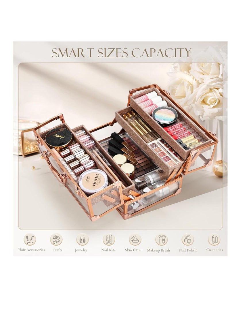 FRENESSA - FRENESSA Makeup Train Case 11.8 INCH Cosmetic Storage Box Acrylic Makeup Organizer Portable 4 Trays Makeup Display Case for Stylist Makeup Artist Craft Traveling Case Organizer Rose Gold - Image 1