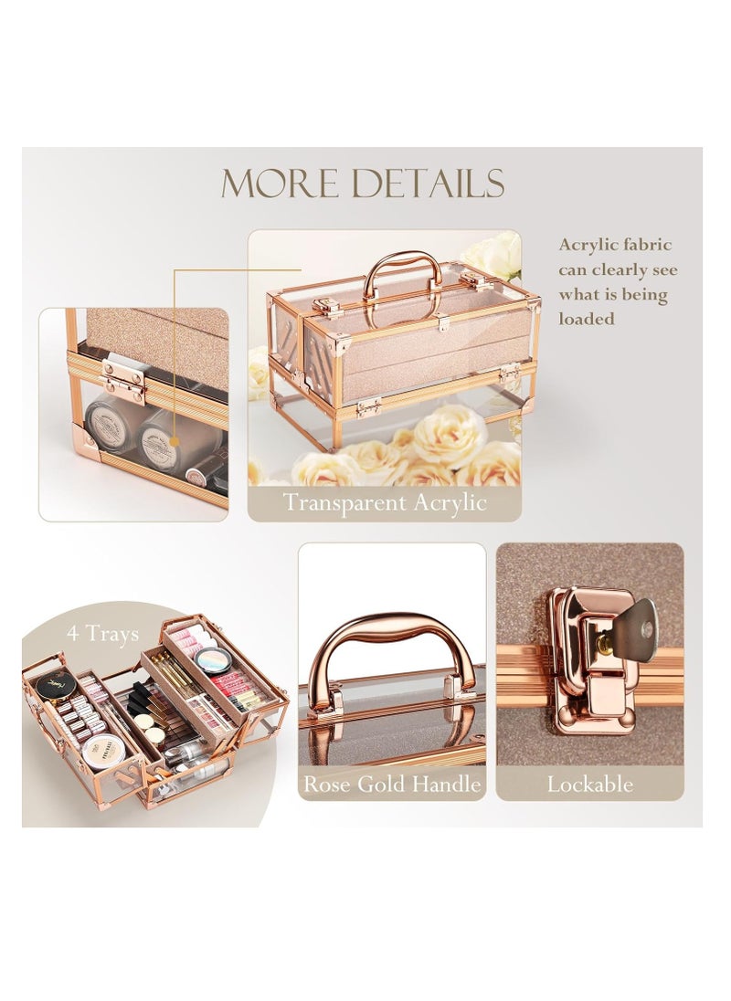 FRENESSA - FRENESSA Makeup Train Case 11.8 INCH Cosmetic Storage Box Acrylic Makeup Organizer Portable 4 Trays Makeup Display Case for Stylist Makeup Artist Craft Traveling Case Organizer Rose Gold - Image 1
