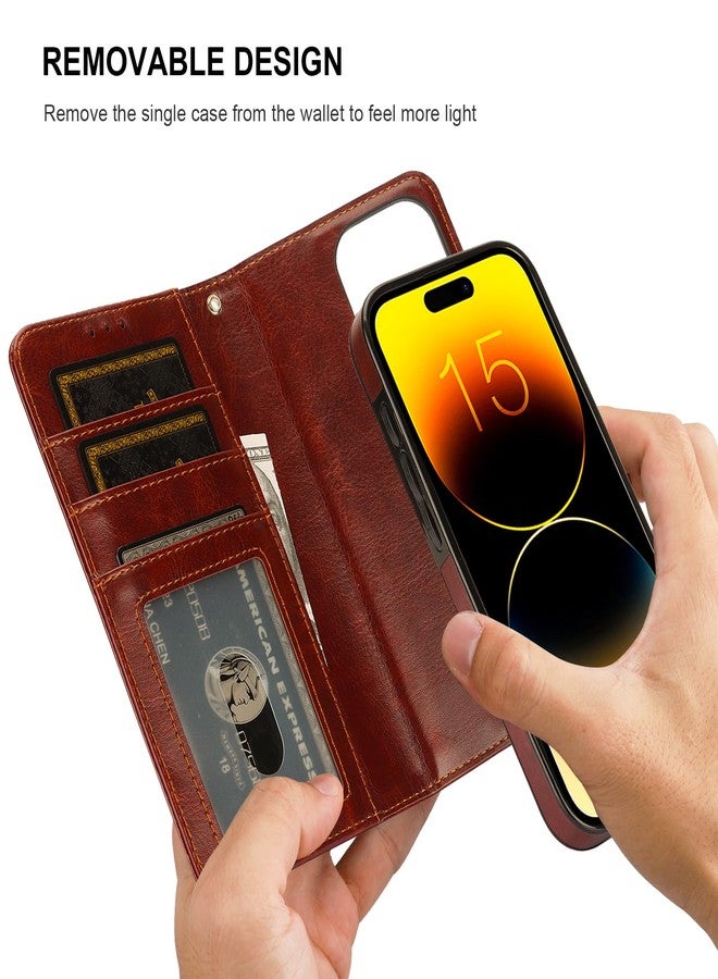 Bocasal Detachable Wallet Case for iPhone 15 Pro RFID Blocking Card Slots Holder Premium PU Leather Magnetic Kickstand Shockproof Wrist Strap Removable Flip Protective Cover 5G 6.1 inch (Brown) - Image 3