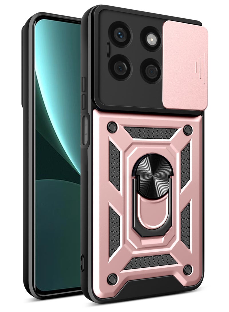Shunjia Sliding Window Case, Shockproof Rugged Armor with Sliding Camera Cover & 360° Ring Kickstand, Compatible with Honor X8b (Rose Gold)