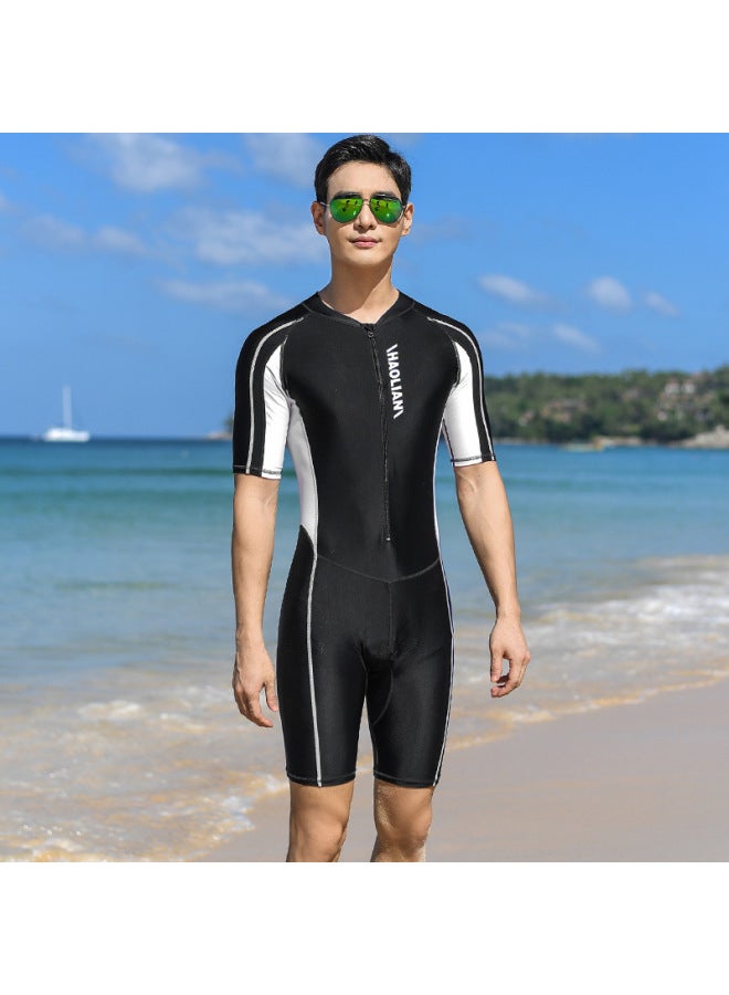 Loquat Men's One-piece Swimsuit Short-sleeved Five-point Swimming Trunks Sports Surfing Suit Sunscreen Student Adult Professional Training Swimsuit Plus Size-Color:9581 Black- - Image 2