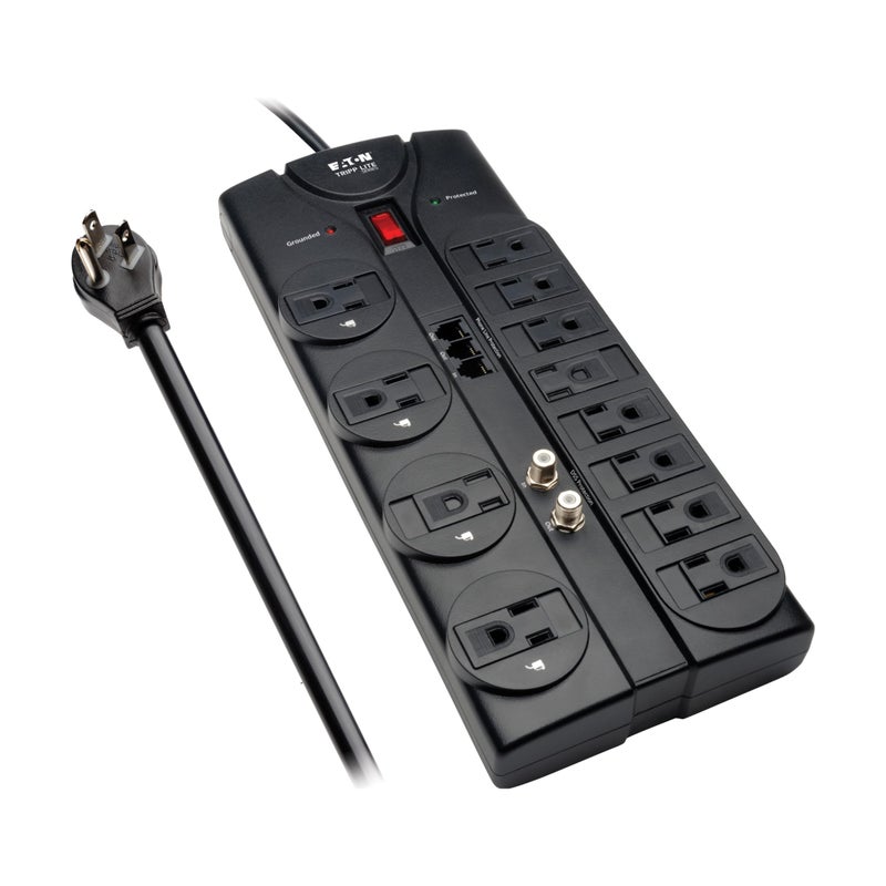 Tripp Lite Eaton Tripp Lite TLP1208TELTV Home Theater Surge Protector Power Strip, 12 Outlets, Flat Plug 8ft Extension Cord, 2160 Joules| Coax and RJ11 Ports for Phone Land Line, TV, and WiFi Router Protection - Image 1