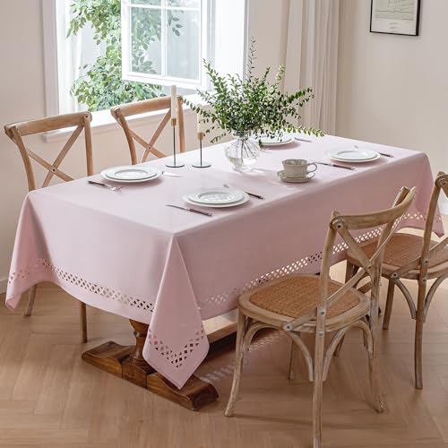 Jia le JIALE Pink Rectangle Linen Polyester Tablecloth with Decorative Cutouts Waterproof Table Cloth Wrinkle Free Light Pink Valentines Farmhouse Dining Table Cover for Outdoor Party Camping 55 x 70 inch - Image 3