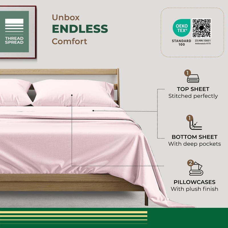 THREAD SPREAD 100% Organic Cotton Sheets California King Size - 4 PC Organic Cotton Cal King Size Percale Weave Sheet Set, Soft, Cooling & Crisp, 16" Deep Pocket Hotel Quality Bedding Set - Blush - Image 3