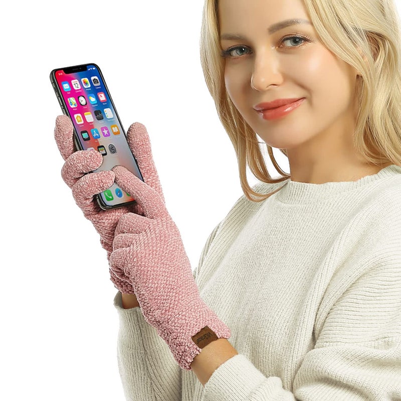 ViGrace Winter Touchscreen Gloves for Women Chenille Warm Cable Knit with 3 Touch Screen Fingers Texting Driving Elastic Cuff Thermal Glove(Pink,Large) - Image 3