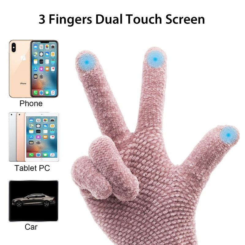 ViGrace Winter Touchscreen Gloves for Women Chenille Warm Cable Knit with 3 Touch Screen Fingers Texting Driving Elastic Cuff Thermal Glove(Pink,Large) - Image 4