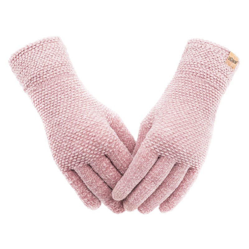 ViGrace Winter Touchscreen Gloves for Women Chenille Warm Cable Knit with 3 Touch Screen Fingers Texting Driving Elastic Cuff Thermal Glove(Pink,Large) - Image 1