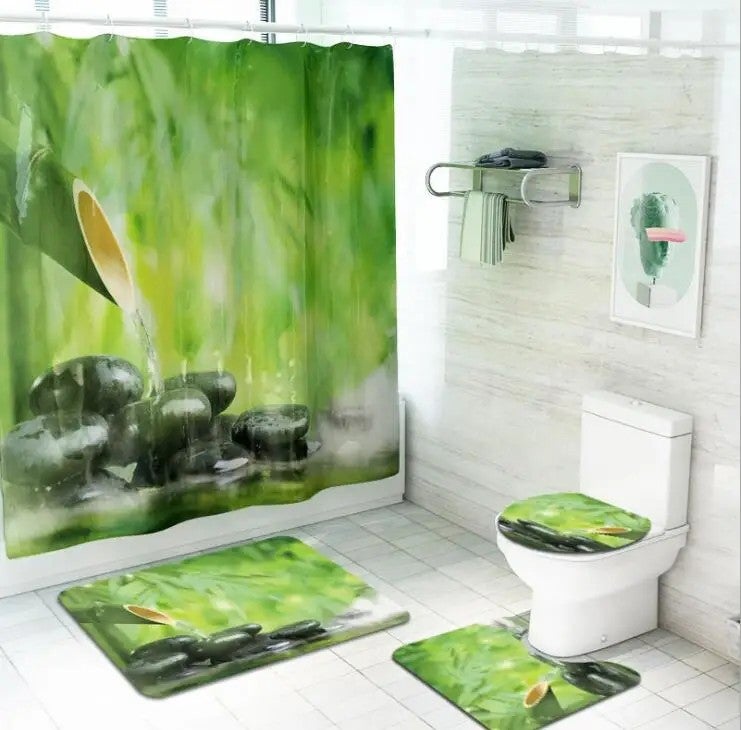 Bluejw New 4PCS Polyester Shower Curtain Waterproof Bath Rug Mat Set Rug Toilet Lid Cover Floor Carpet Foot Pad Set for Home Bathroom - Image 4