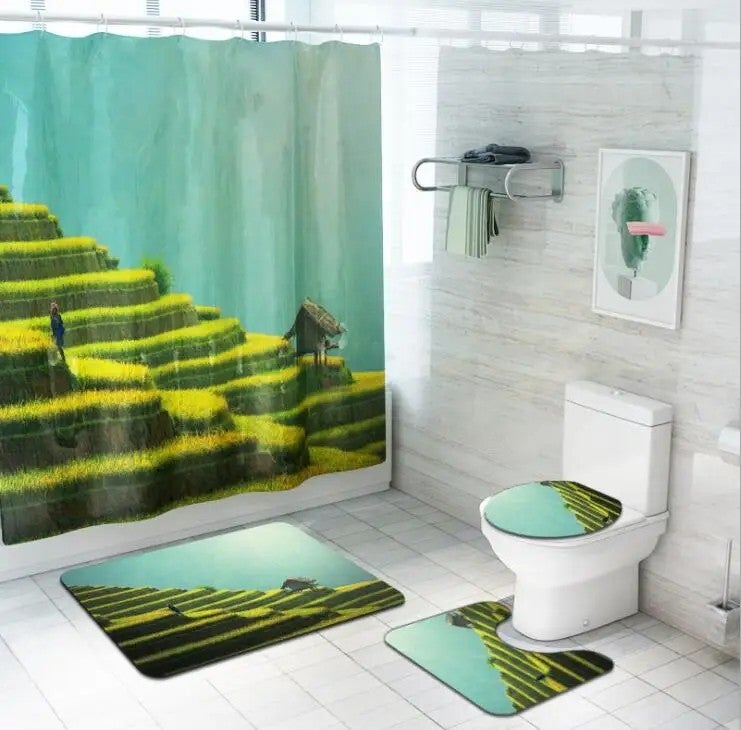 Bluejw New 4PCS Polyester Shower Curtain Waterproof Bath Rug Mat Set Rug Toilet Lid Cover Floor Carpet Foot Pad Set for Home Bathroom - Image 2