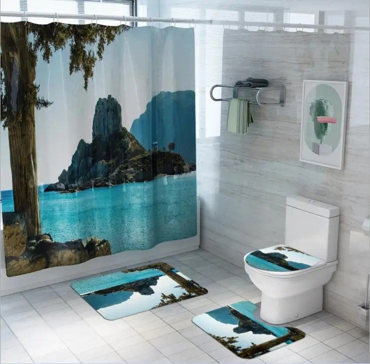 Bluejw New 4PCS Polyester Shower Curtain Waterproof Bath Rug Mat Set Rug Toilet Lid Cover Floor Carpet Foot Pad Set for Home Bathroom - Image 1