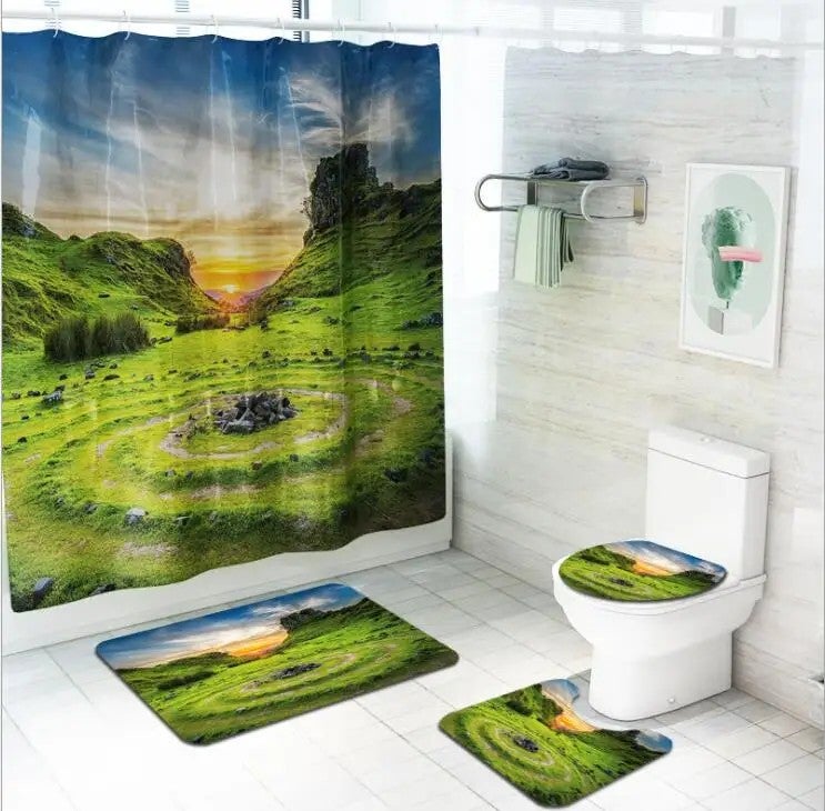 Bluejw New 4PCS Polyester Shower Curtain Waterproof Bath Rug Mat Set Rug Toilet Lid Cover Floor Carpet Foot Pad Set for Home Bathroom - Image 5