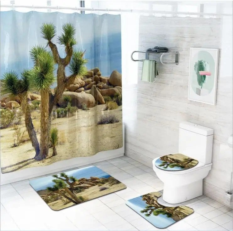 Bluejw New 4PCS Polyester Shower Curtain Waterproof Bath Rug Mat Set Rug Toilet Lid Cover Floor Carpet Foot Pad Set for Home Bathroom - Image 3