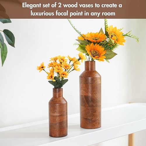 Behoma Wooden Flower Vase Set of 2, Bottle Shape Mango Wood Vases for Flowers for Decor Home Living Room Kitchen Office, Walnut Brown Finish | Height - 9 inch (23 cm) & 5.9 inch (15 cm) - Image 2