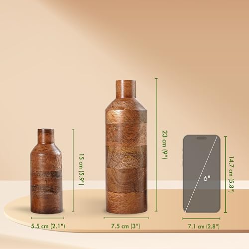 Behoma Wooden Flower Vase Set of 2, Bottle Shape Mango Wood Vases for Flowers for Decor Home Living Room Kitchen Office, Walnut Brown Finish | Height - 9 inch (23 cm) & 5.9 inch (15 cm) - Image 4