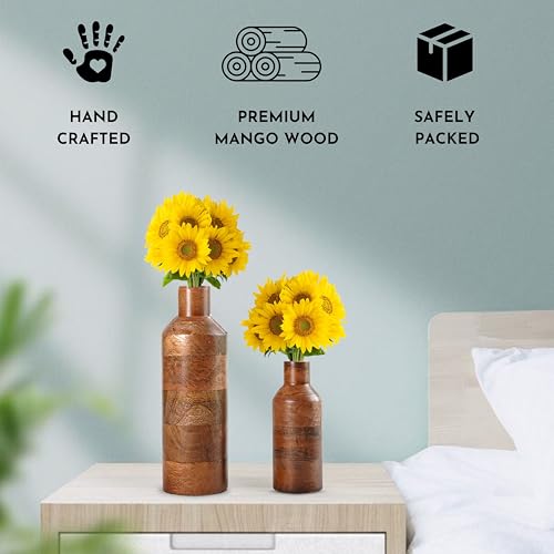 Behoma Wooden Flower Vase Set of 2, Bottle Shape Mango Wood Vases for Flowers for Decor Home Living Room Kitchen Office, Walnut Brown Finish | Height - 9 inch (23 cm) & 5.9 inch (15 cm) - Image 5