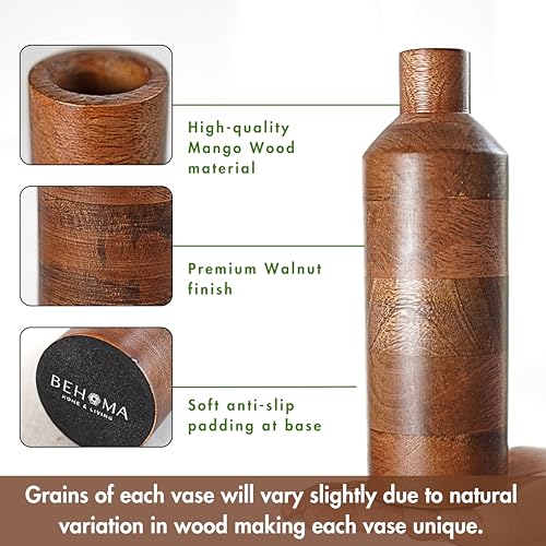 Behoma Wooden Flower Vase Set of 2, Bottle Shape Mango Wood Vases for Flowers for Decor Home Living Room Kitchen Office, Walnut Brown Finish | Height - 9 inch (23 cm) & 5.9 inch (15 cm) - Image 3
