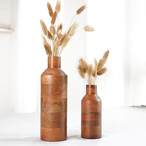 Behoma Wooden Flower Vase Set of 2, Bottle Shape Mango Wood Vases for Flowers for Decor Home Living Room Kitchen Office, Walnut Brown Finish | Height - 9 inch (23 cm) & 5.9 inch (15 cm) - Image 1