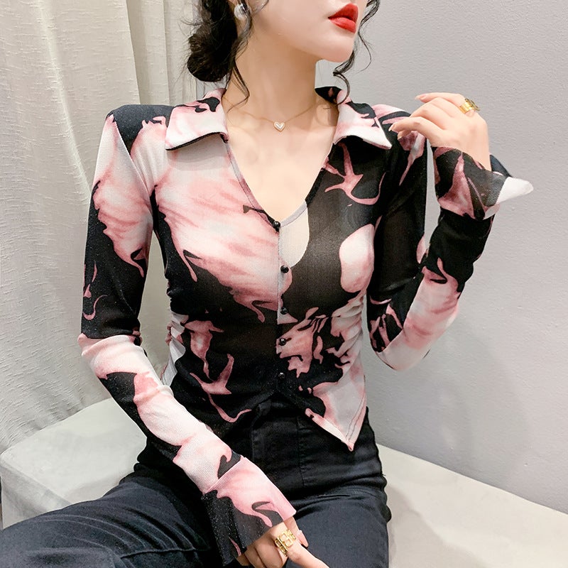 Design Sense Waist Mesh Base Shirt 2024 Early Autumn New Young Mother'S Small Short Long-Sleeved T-Shirt - Image 3