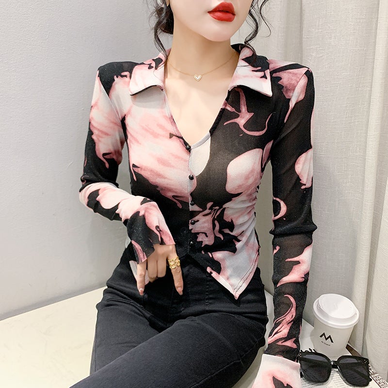 Design Sense Waist Mesh Base Shirt 2024 Early Autumn New Young Mother'S Small Short Long-Sleeved T-Shirt - Image 1