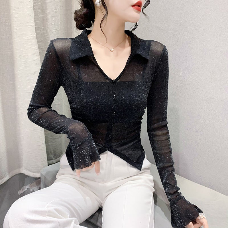 Design Sense Waist Mesh Base Shirt 2024 Early Autumn New Young Mother'S Small Short Long-Sleeved T-Shirt - Image 2