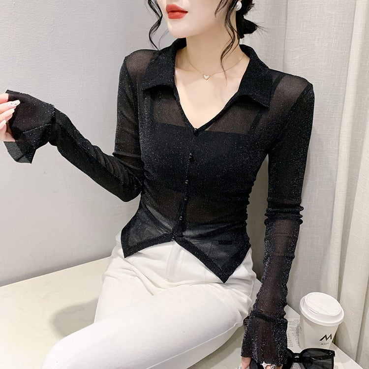 Design Sense Waist Mesh Base Shirt 2024 Early Autumn New Young Mother'S Small Short Long-Sleeved T-Shirt - Image 5