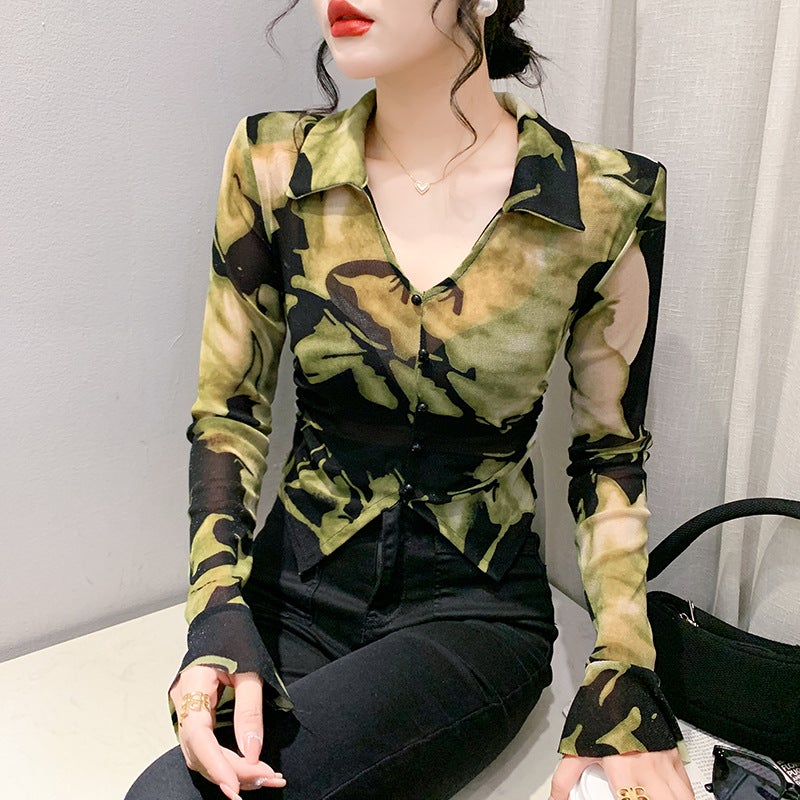 Design Sense Waist Mesh Base Shirt 2024 Early Autumn New Young Mother'S Small Short Long-Sleeved T-Shirt - Image 4