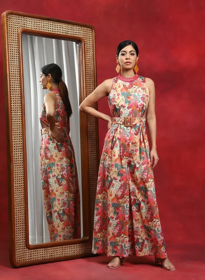 أيه كيه إس Beige Printed Basic Jumpsuit for Women
