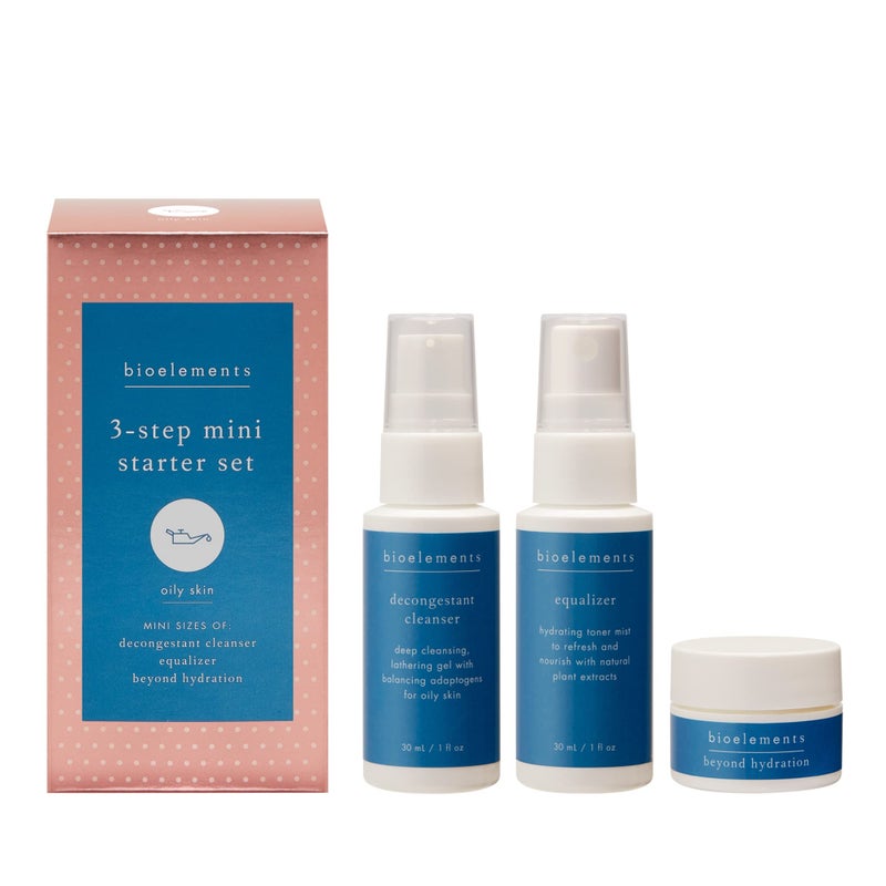 Bioelements 3Step Mini Starter Set Oily Skin  Includes Decongestant Cleanser Equalizer Toner  Beyond Hydration Moisturizer  Vegan Gluten Free  Never Tested on Animals