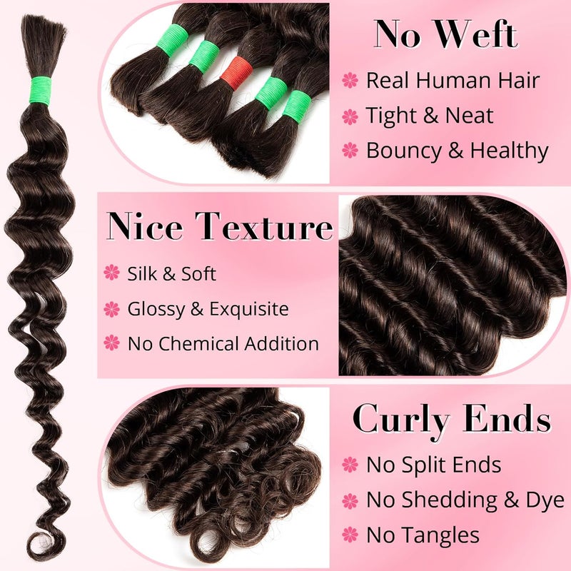 Aiokrtse Human Braiding Hair Deep Wave Hair Bulk Human Hair for Braiding No Weft 5 Bundles Total 100g 10A Peruvian Curly Human Hair Extensions for Boho Braids Wet and Wavy #2 Color Dark Brown - Image 2