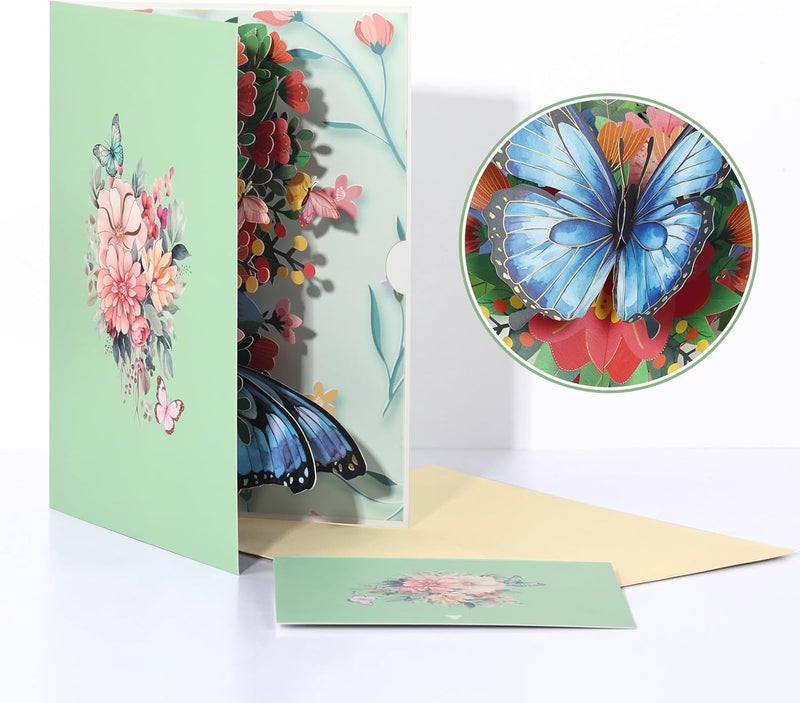 YooxArmor Mothers Day Card for Mom, 3D Pop Up Butterfly Flower Greeting Card for Daughter, Happy Birthday Anniversary Card with Envelope (Green) - Image 4