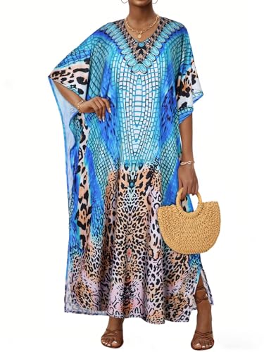 JILUVIN Kaftan Dresses for Women Plus Size V Neck Caftan Long Batwing Sleeve Swimsuit Cover Up Beach Swimwear 2026 (Blue Leopard Print, One Size) - Image 5