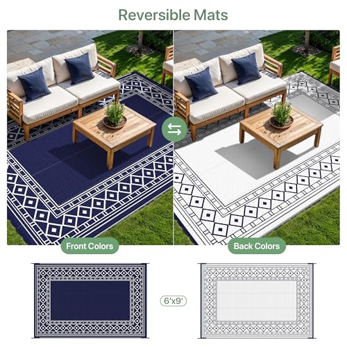 GENIMO Outdoor Rug Waterproof for Patio Decor, 6'x9' Foldable Reversible Plastic Straw Carpet for Travel Trailers, Outside Area Mat for Rv, Deck, Picnic, Porch, Camper, Balcony, Beach, Blue & White - Image 4
