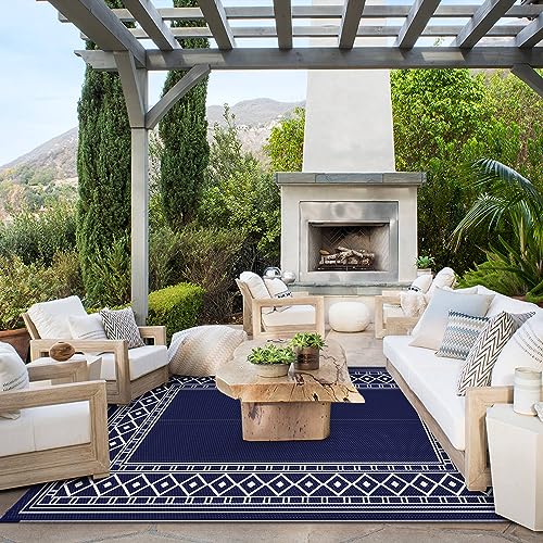 GENIMO Outdoor Rug Waterproof for Patio Decor, 6'x9' Foldable Reversible Plastic Straw Carpet for Travel Trailers, Outside Area Mat for Rv, Deck, Picnic, Porch, Camper, Balcony, Beach, Blue & White - Image 2