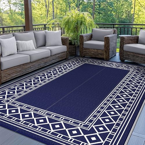GENIMO Outdoor Rug Waterproof for Patio Decor, 6'x9' Foldable Reversible Plastic Straw Carpet for Travel Trailers, Outside Area Mat for Rv, Deck, Picnic, Porch, Camper, Balcony, Beach, Blue & White - Image 1