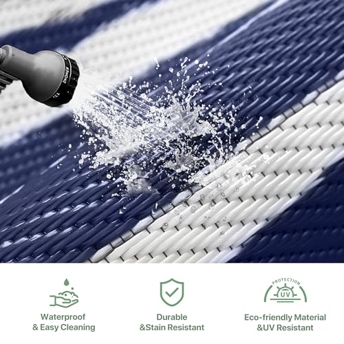 GENIMO Outdoor Rug Waterproof for Patio Decor, 6'x9' Foldable Reversible Plastic Straw Carpet for Travel Trailers, Outside Area Mat for Rv, Deck, Picnic, Porch, Camper, Balcony, Beach, Blue & White - Image 5