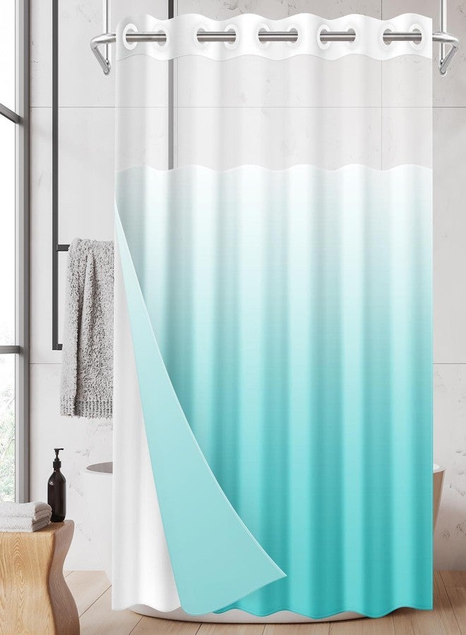 Nesphy No Hook Ombre Teal Shower Curtain with Snap in Fabric Liner Set, Modern Design Double Layers Waterproof Fabric with See Through Top Window Open Grommet Bath Curtain 71x74 Inch - Image 1