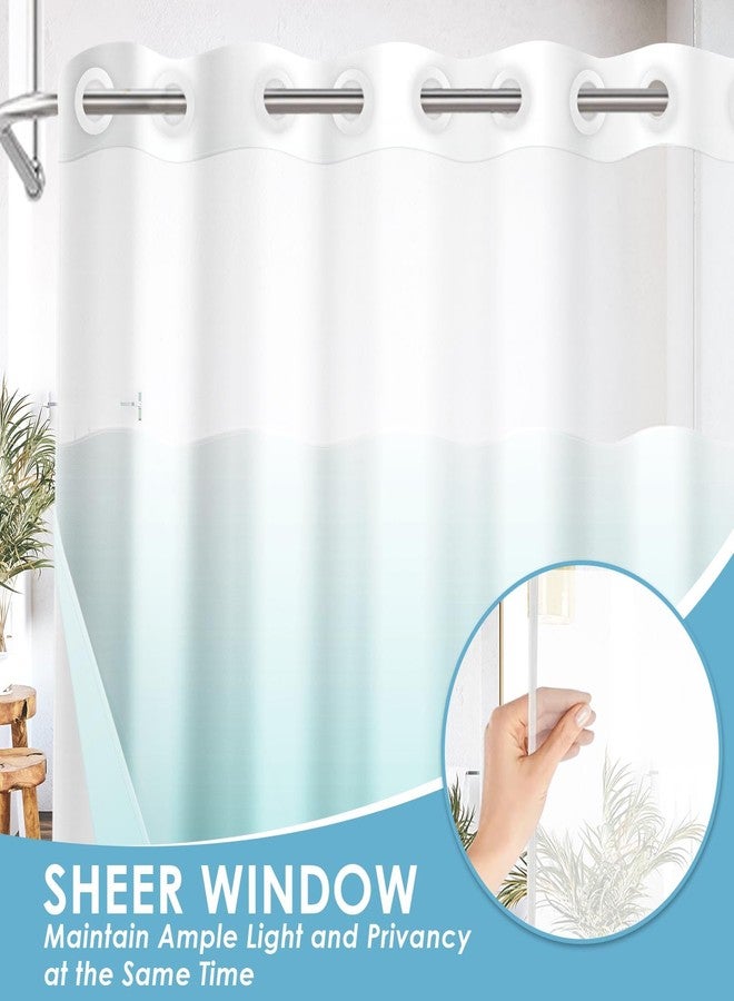 Nesphy No Hook Ombre Teal Shower Curtain with Snap in Fabric Liner Set, Modern Design Double Layers Waterproof Fabric with See Through Top Window Open Grommet Bath Curtain 71x74 Inch - Image 3