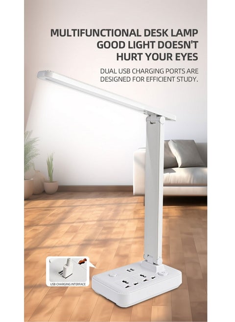 Power Strip with LED Desk Lamp, 2 Outlets 2 USB Ports  Small Desk Lamp for Home Office Bedroom Bedside, Study Reading Light, 2M Extension Cord