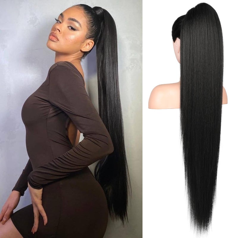 Flufymooz ponytail extension 36 Inch Long Straight Drawstring Ponytail Synthetic Hairpieces Fake Pony Tails Natural Soft Clip in Hair Extension ponytail for Women Natural Black