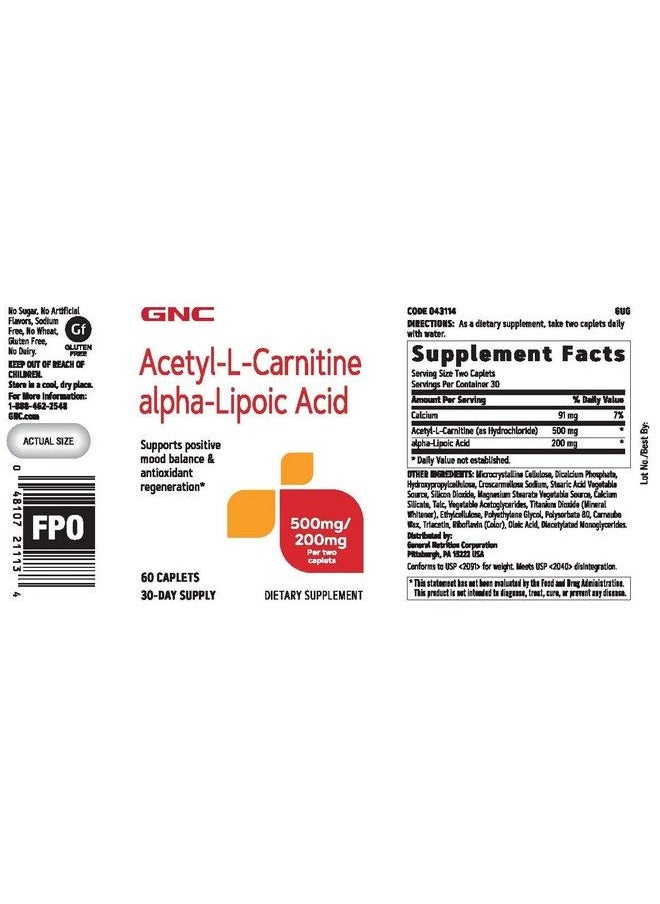 GNC - Acetyl L Carnitine Alpha Lipoic Acid 500Mg / 200Mg 60 Caplets - Image 1