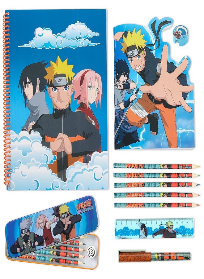 Naruto Stationery Set with Colouring Pencils Tin Pencil Case Childrens Notebooks Bumper Stationery Pack Anime Stationery Set School Supplies Anime Gifts for Boys - Image 1