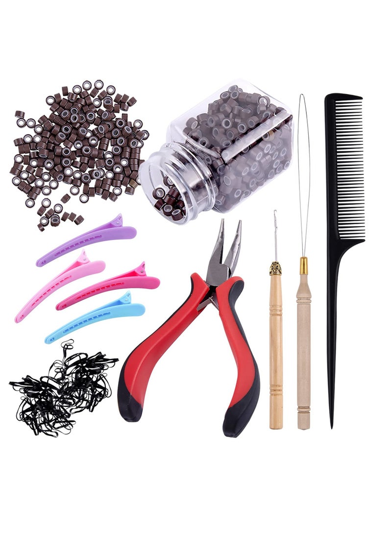 Y&D Hair Extensions Kit 500 Pcs Brown Micro Ring Beads 1 Plier 2 Hook Needle Pulling Loop 4 Plastic Alligator Clips Comb and Bags Black Mini Rubber Elastic - Image 1